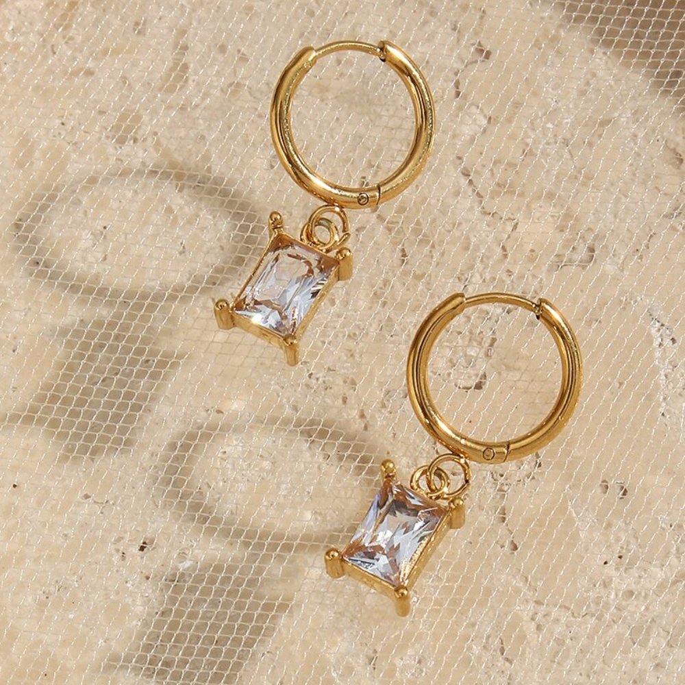 Clear Rectangle Zirconia Gemstone Hoop Earrings 18K Gold Plated Stainless Steel - Picture 7 of 9